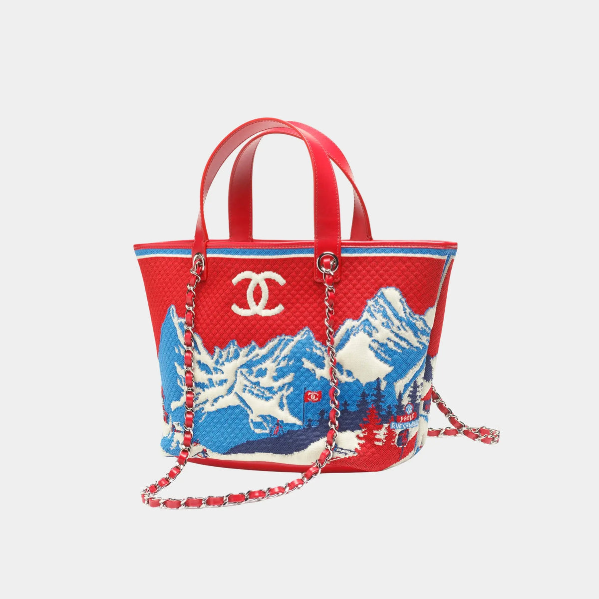 Tote Knit Calfskin & Gold-Tone Metal Red Blue & White