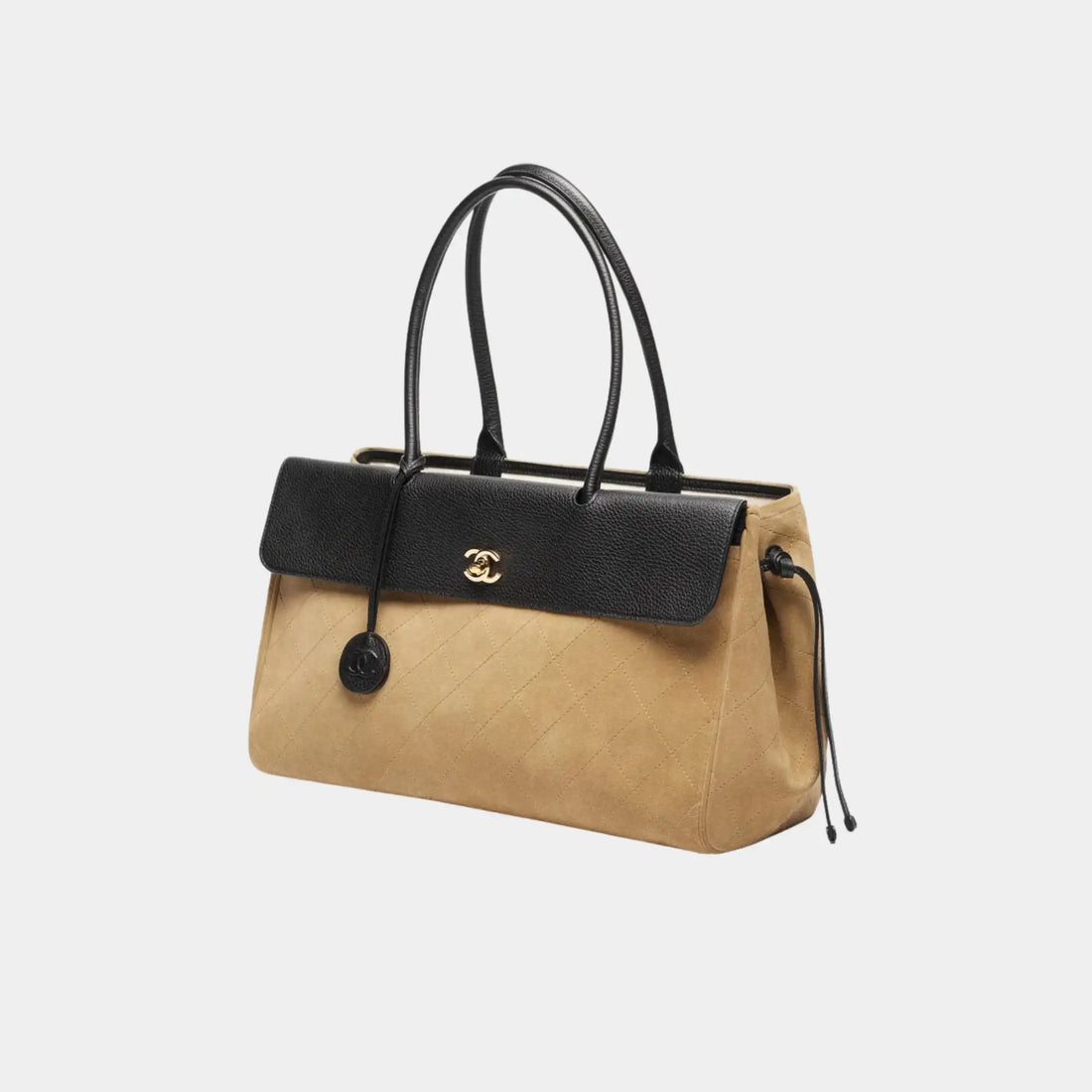 Chanel Tote in Suede & Grained Calfskin, Dark Beige, Black, Front Side