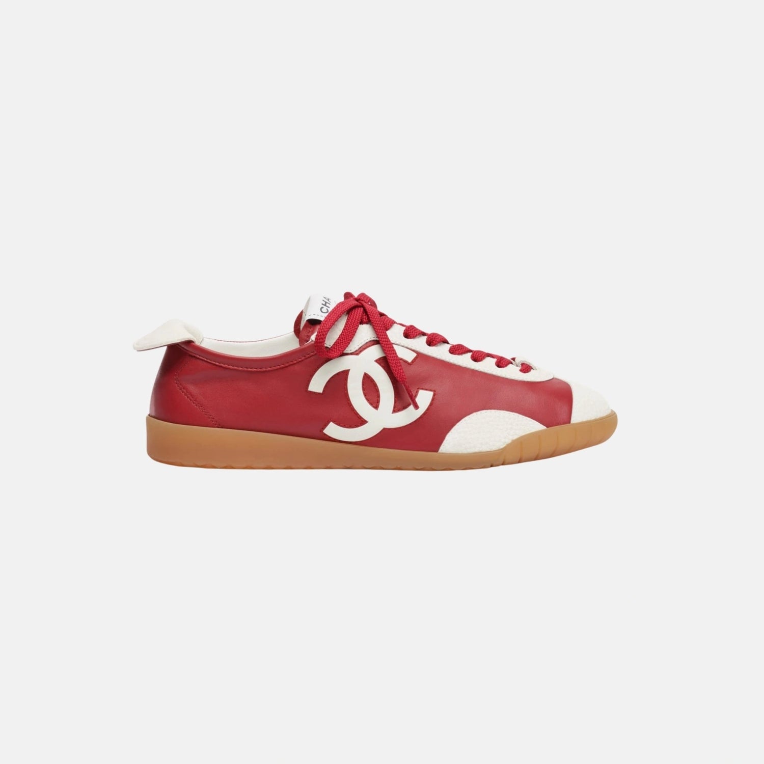 Chanel Trainers in Calfskin and Embossed Suede Calfskin, Dark Red and White, Side