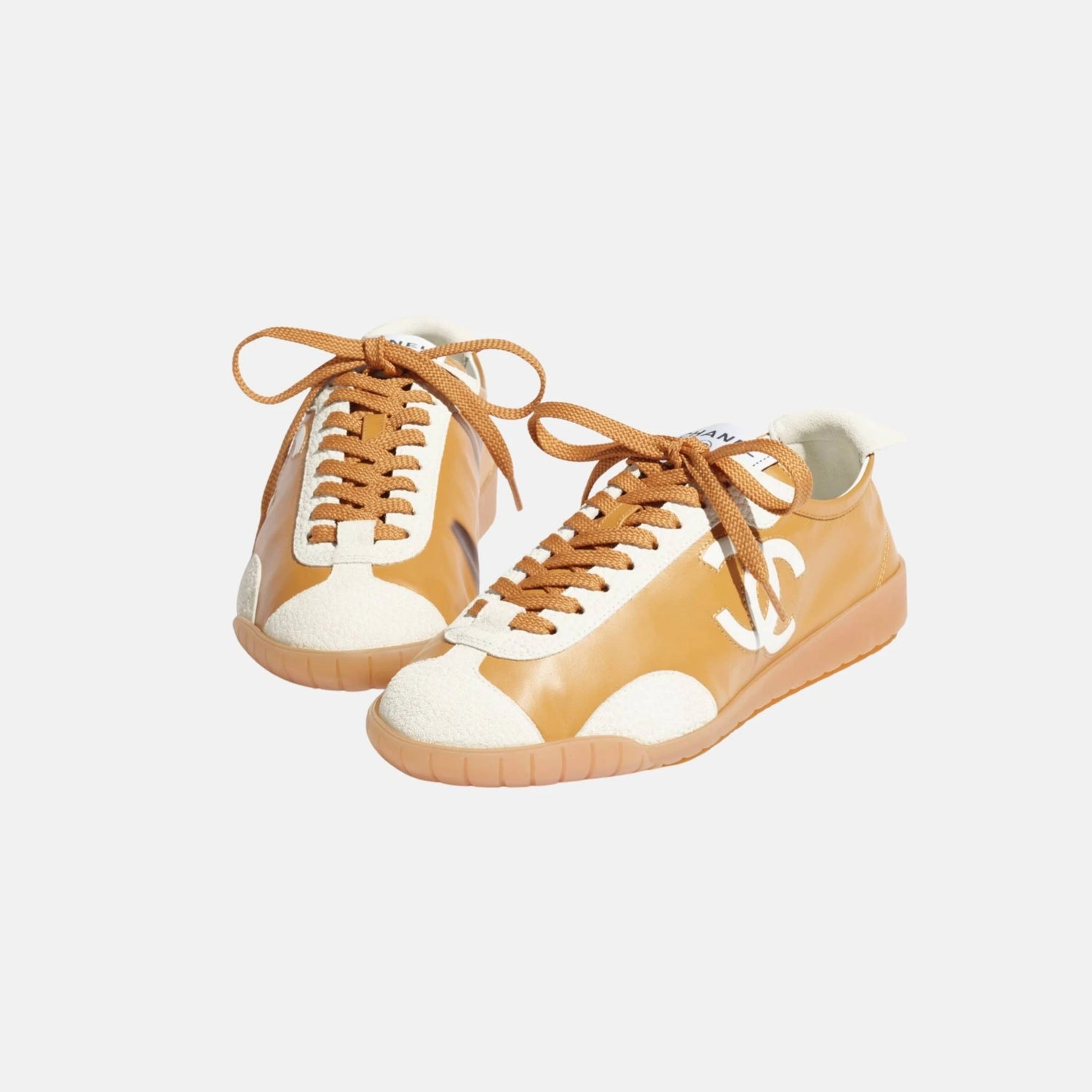 Chanel Trainers in Calfskin and Embossed Suede Calfskin, Light Brown and White, Front
