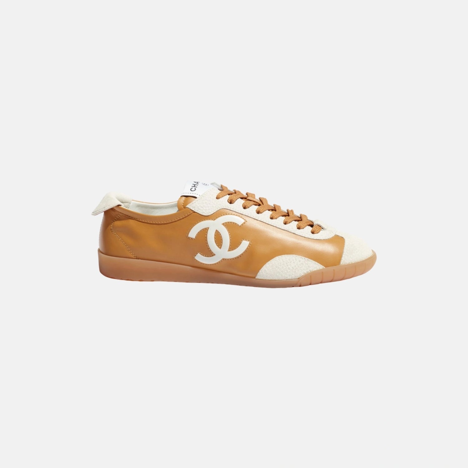 Chanel Trainers in Calfskin and Embossed Suede Calfskin, Light Brown and White, Side