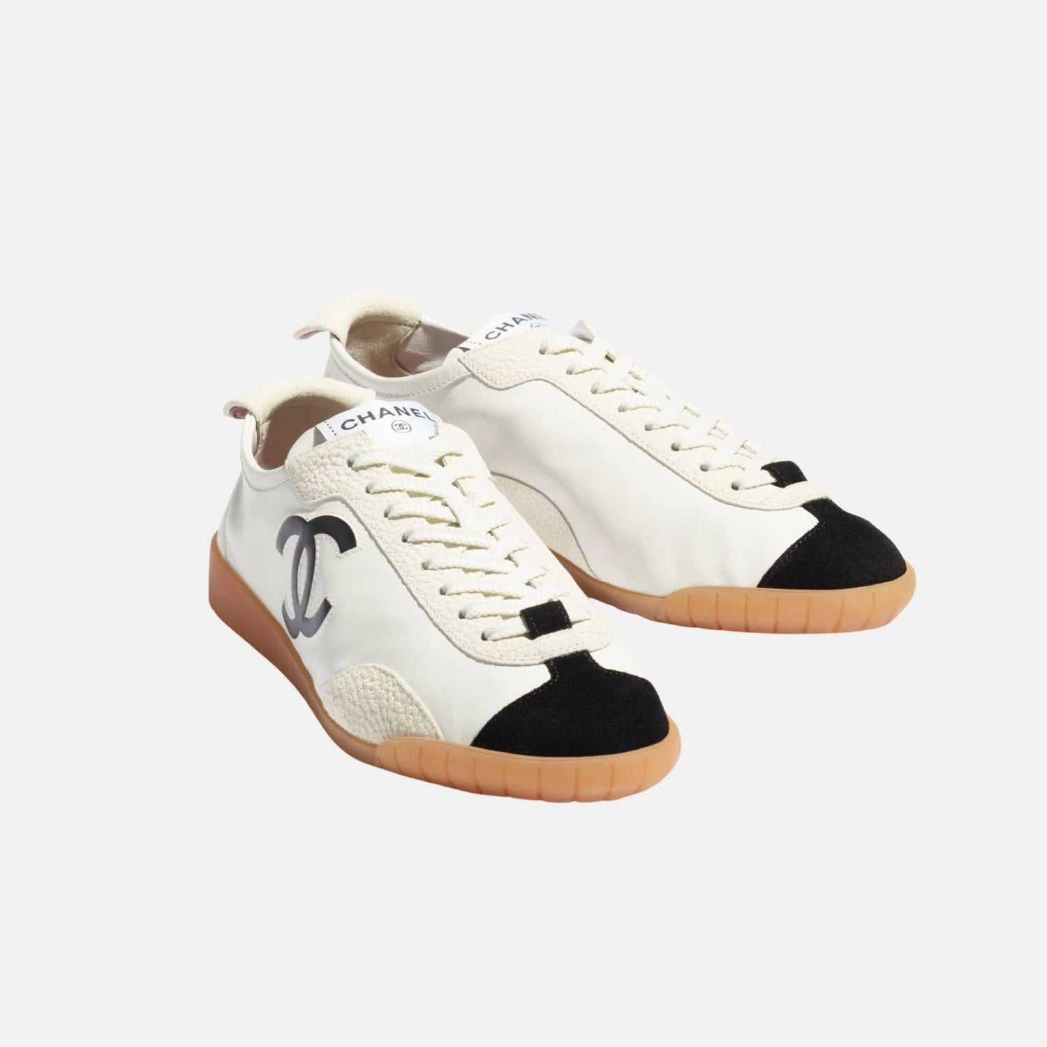 Chanel Trainers in Calfskin and Embossed Suede Calfskin, White and Black, Front
