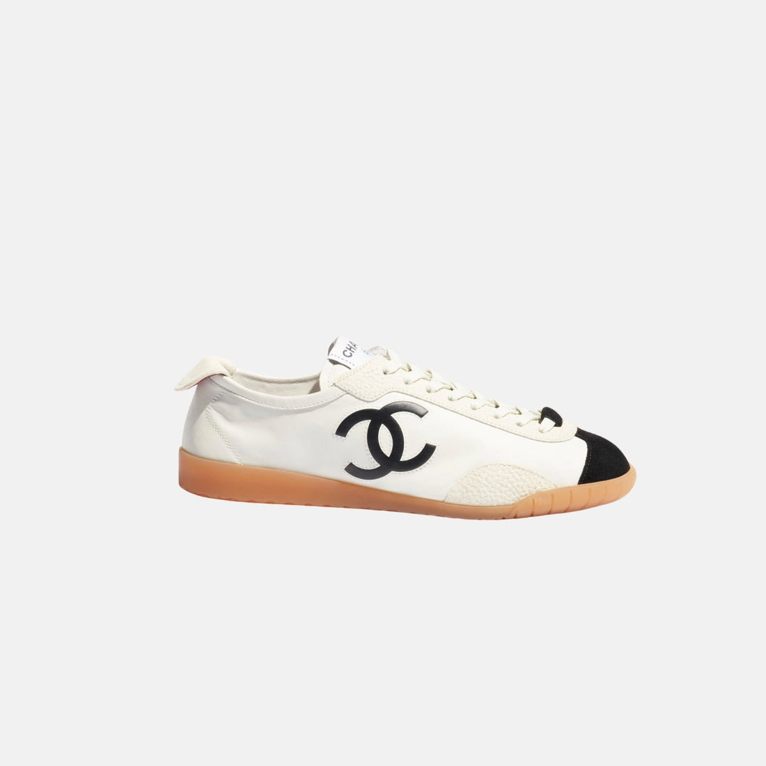 Chanel Trainers in Calfskin and Embossed Suede Calfskin, White and Black, Side