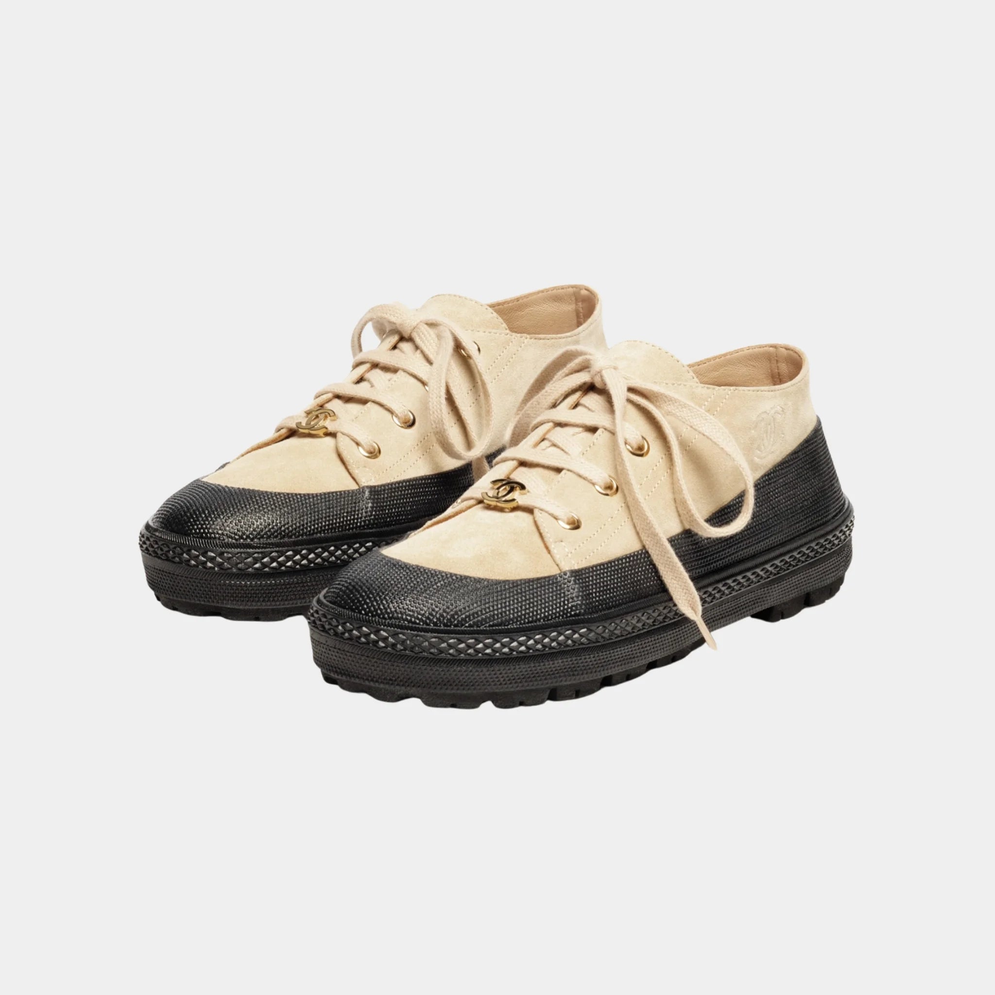 Chanel Trainers in Suede Calfskin, Beige, Front