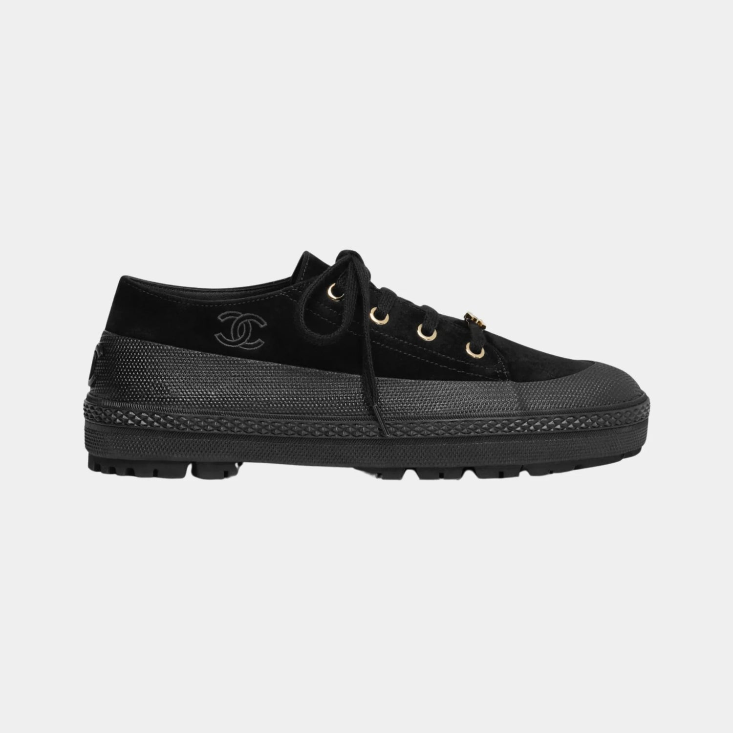 Chanel Trainers in Suede Calfskin, Black, Side