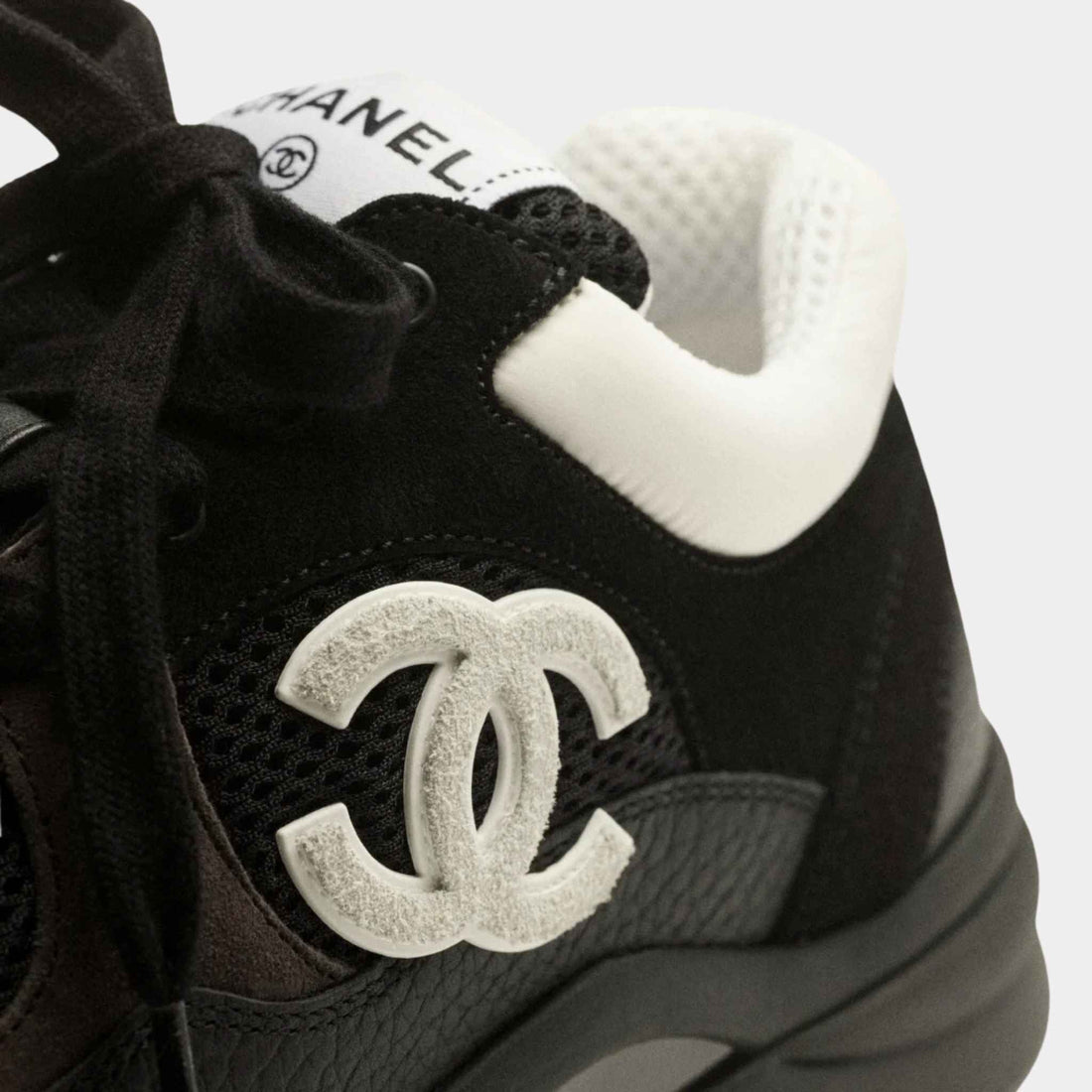 Chanel Trainers In Mesh Suede And Grained Calfskin, Black And White, Logo