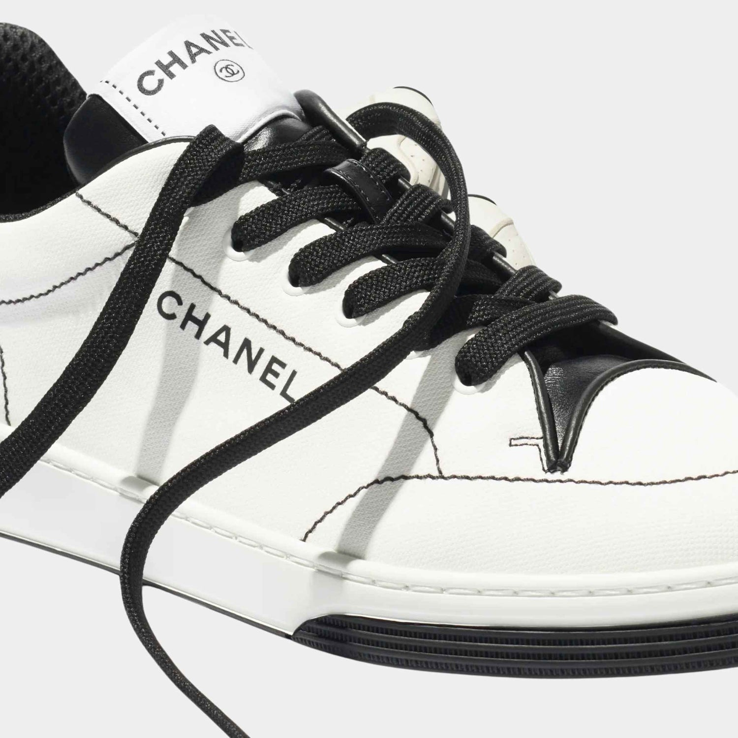 Chanel Trainers Sneaker Cotton White and Black, Closeup