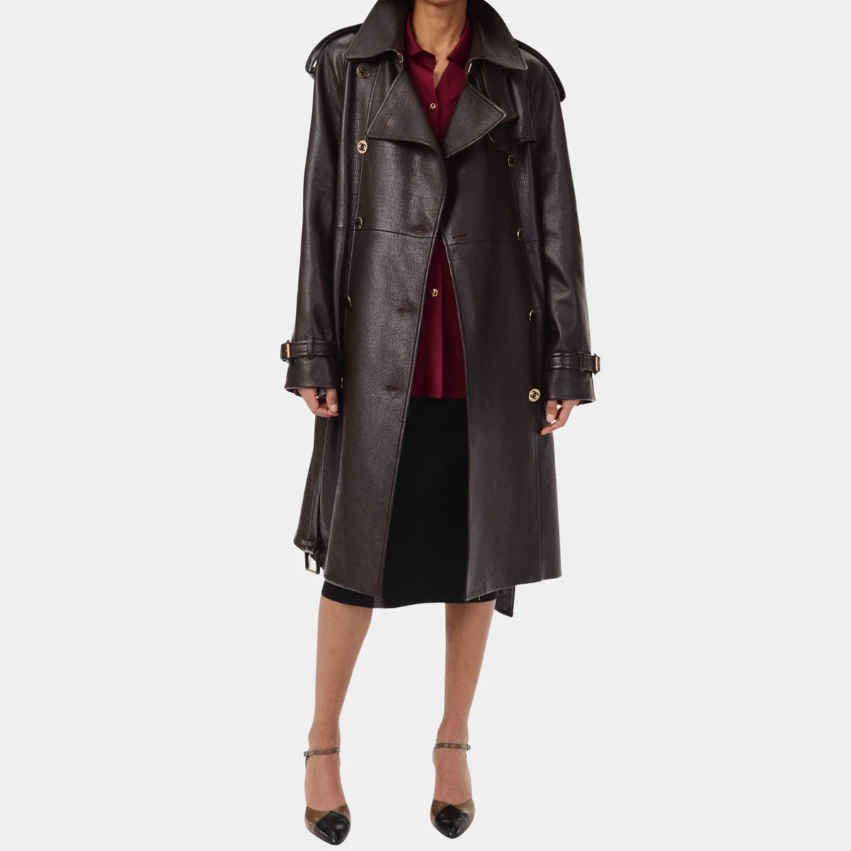 Trench Coat Shiny Grained Calfskin in Dark Brown