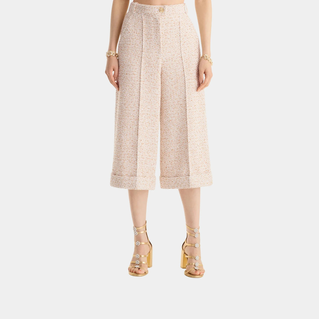 Chanel Trousers Cotton Tweed in Ecru & Gold, Front