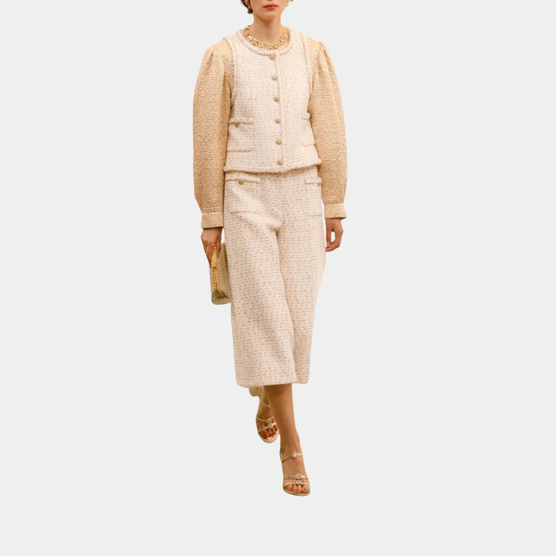 Chanel Trousers Cotton & Wool Tweed in Ecru & Gold, Front