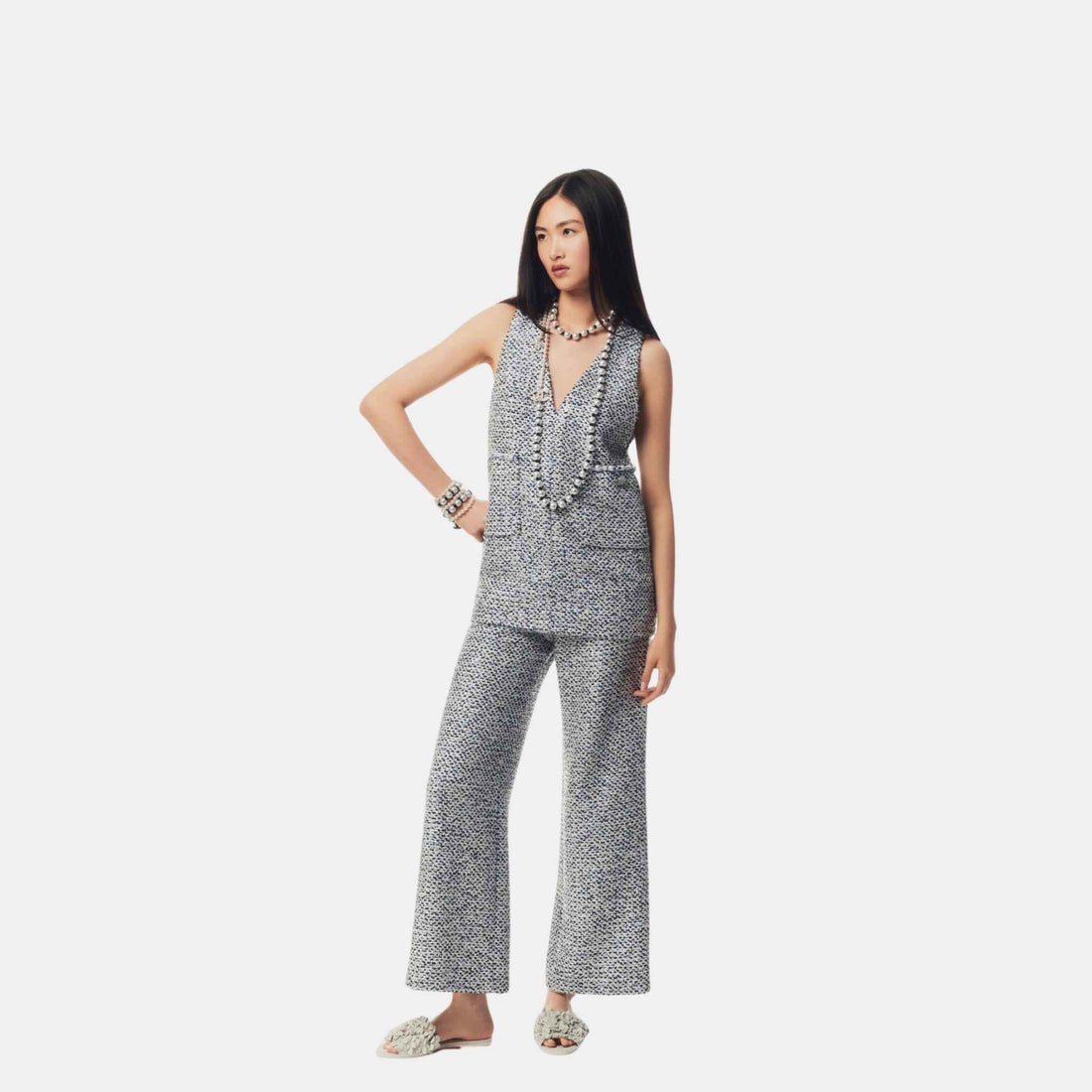 Chanel Trousers Glittered Tweed White Blue And Black, FullView