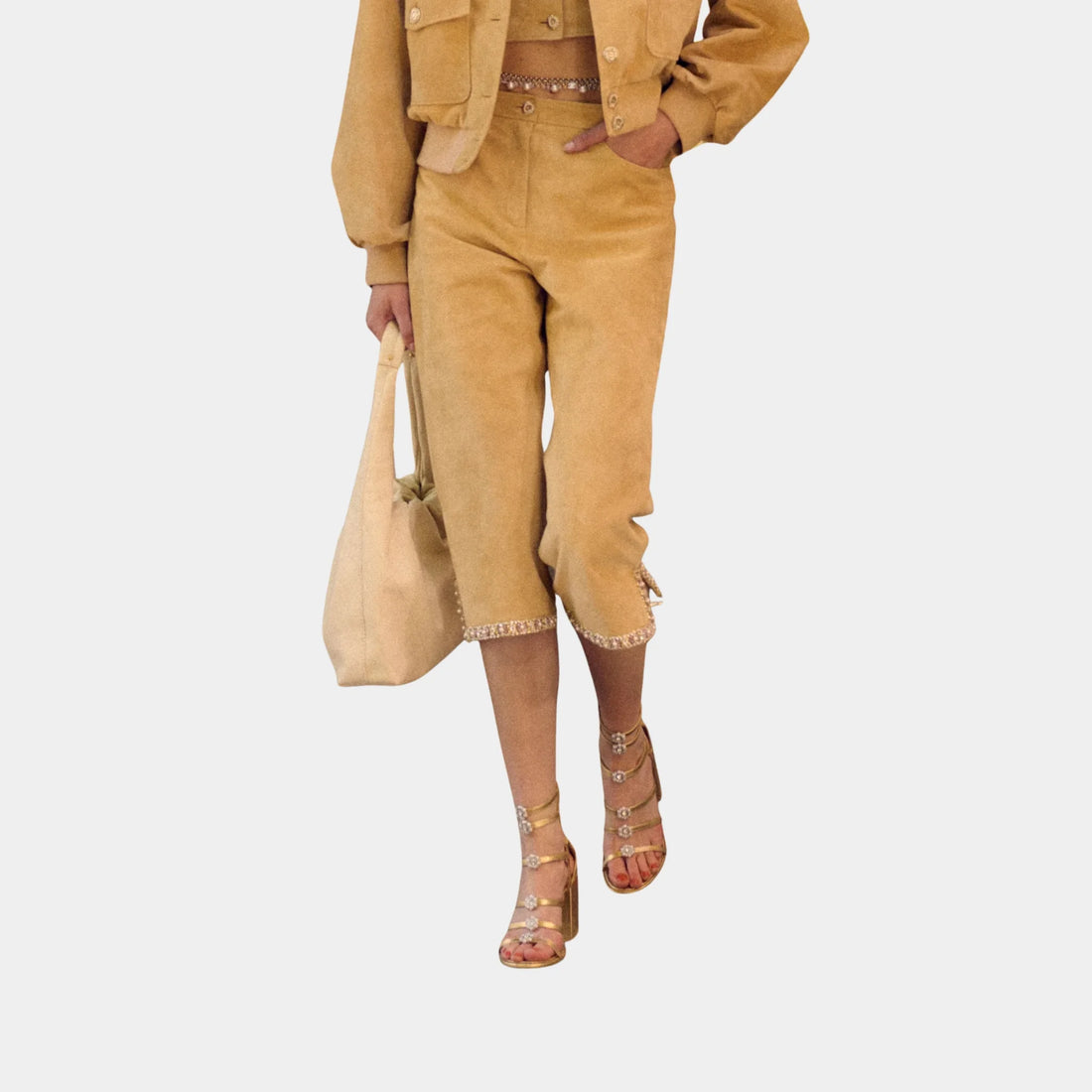 Chanel Trousers in Embroidered Suede Calfskin, Front