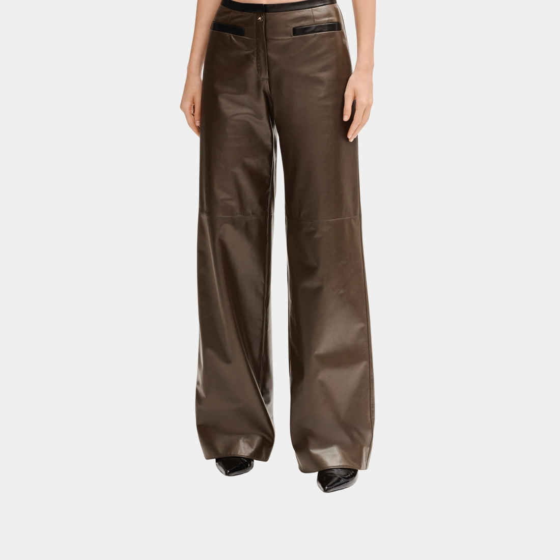 Chanel Trousers in Khaki and Black Lambskin, Khaki, Black, Front