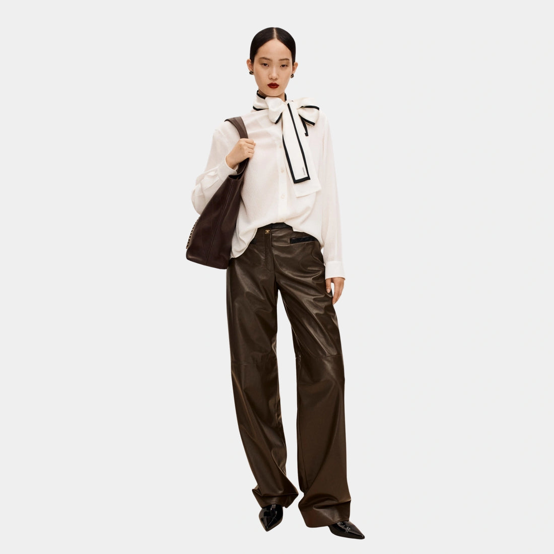 Chanel Trousers in Khaki and Black Lambskin, Khaki, Black, Model Front