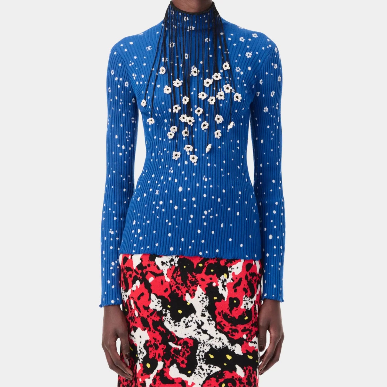 Chanel Turtleneck Cashmere &amp; Silk Cobalt Blue &amp; Silk White