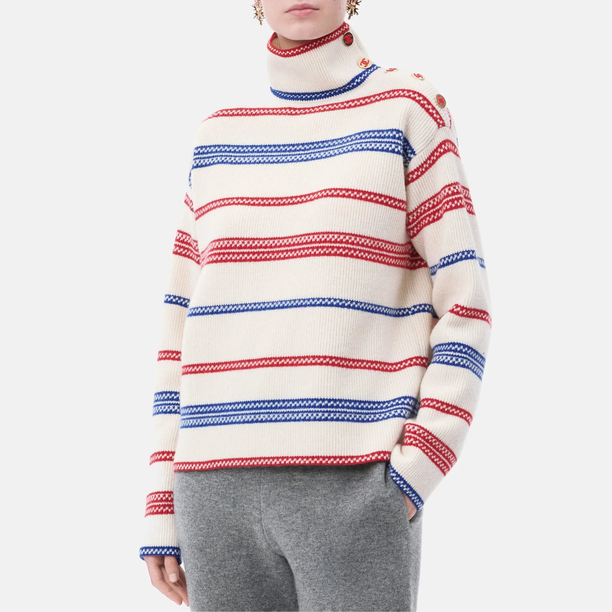 Turtleneck Wool & Cashmere in White, Blue and Red — White Blue and Red