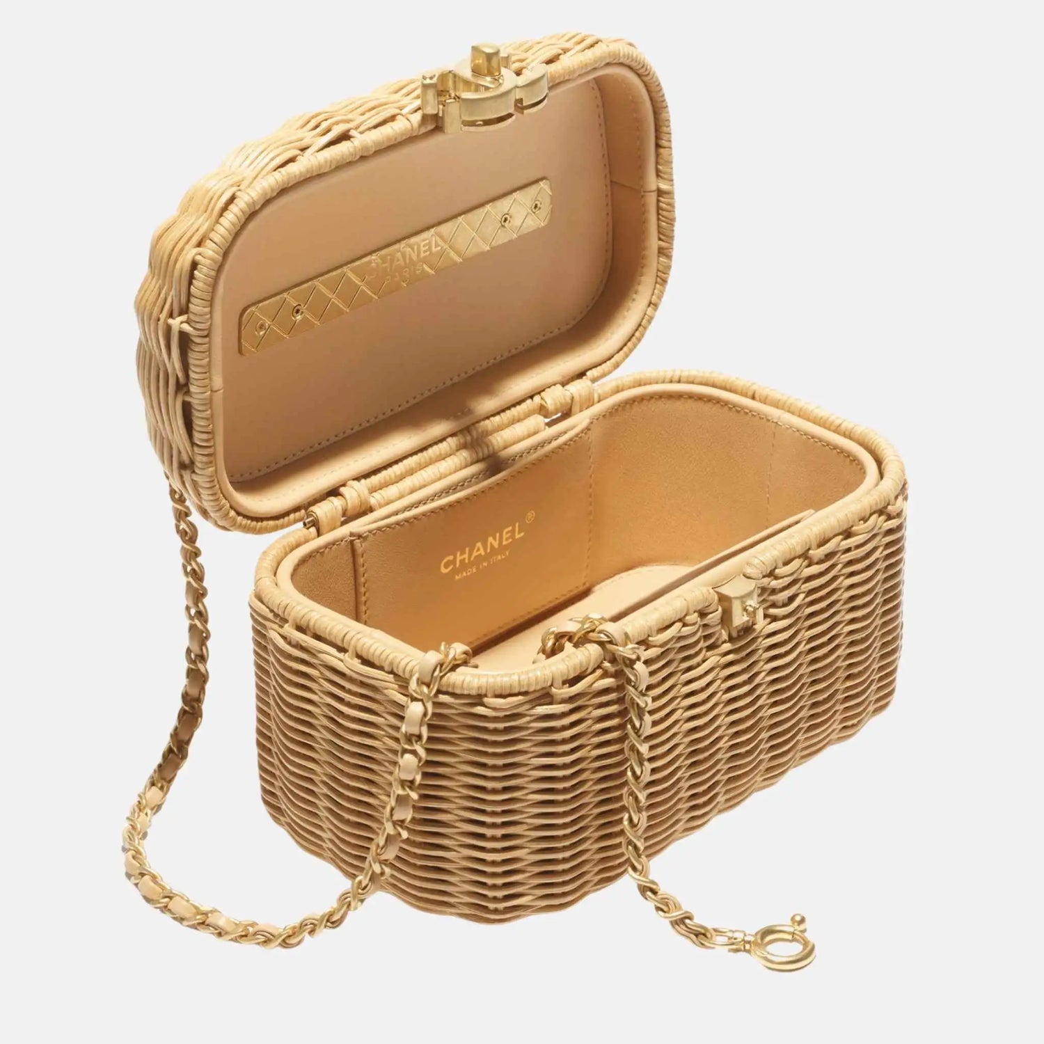 Chanel Vanity Case Braided Rattan Gold Tone Metal in Beige, Inside