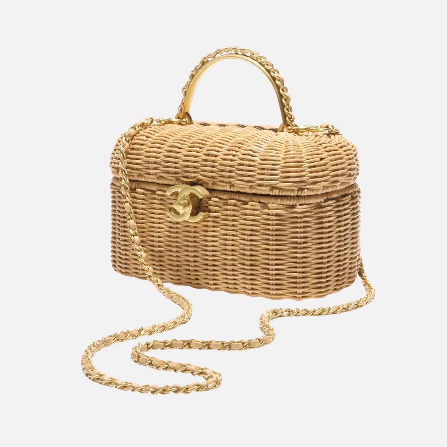 Chanel Vanity Case Braided Rattan Gold Tone Metal in Beige, Side