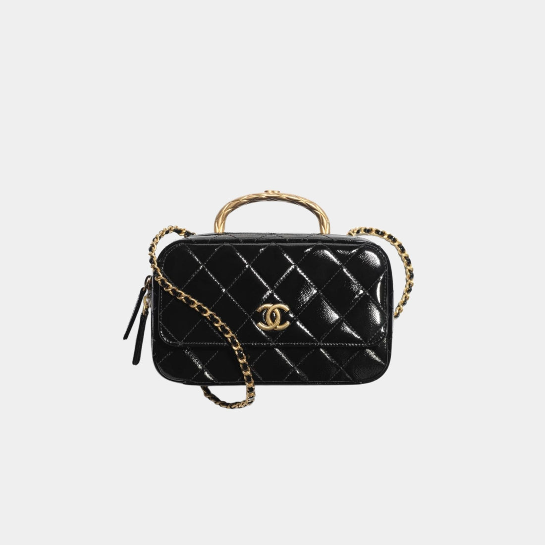 Chanel Vanity Case in Grained Patent Lambskin, Black, Front