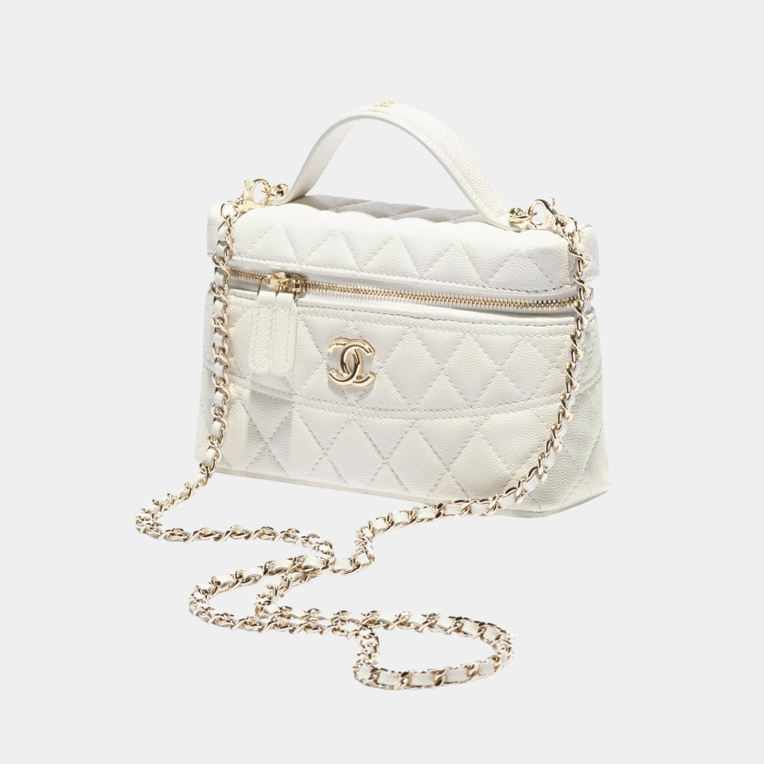 Chanel Vanity Top-handle with Chain Grained Shiny Calfskin, White, Front