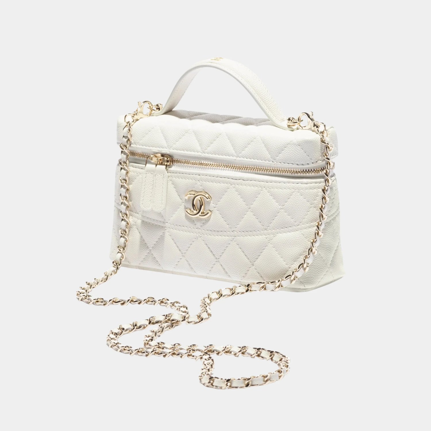Chanel Vanity Top-handle with Chain Grained Shiny Calfskin, White, Front