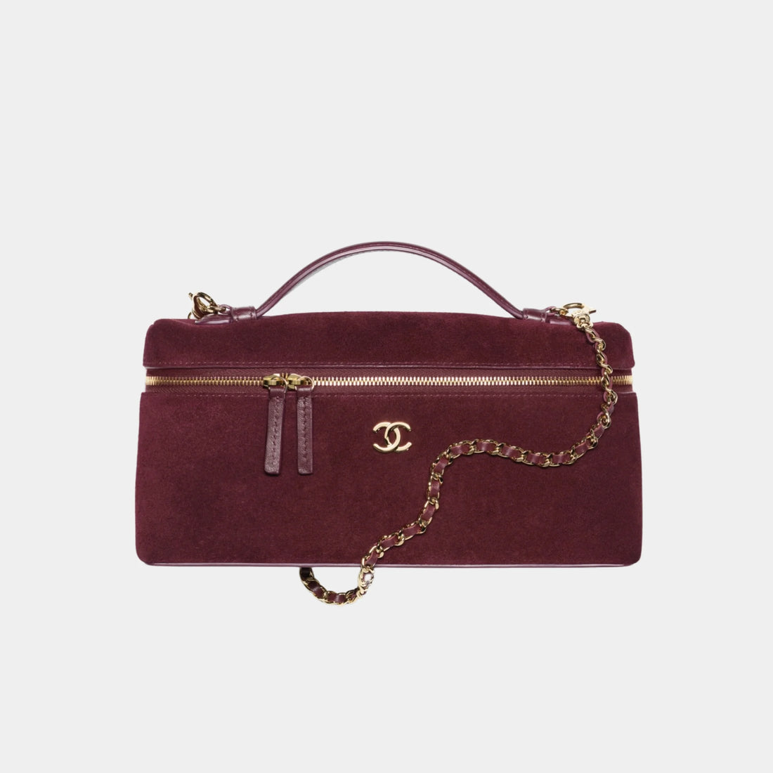 Chanel Vanity with Chain in Burgundy Suede Calfskin &amp; Gold Metal, Front