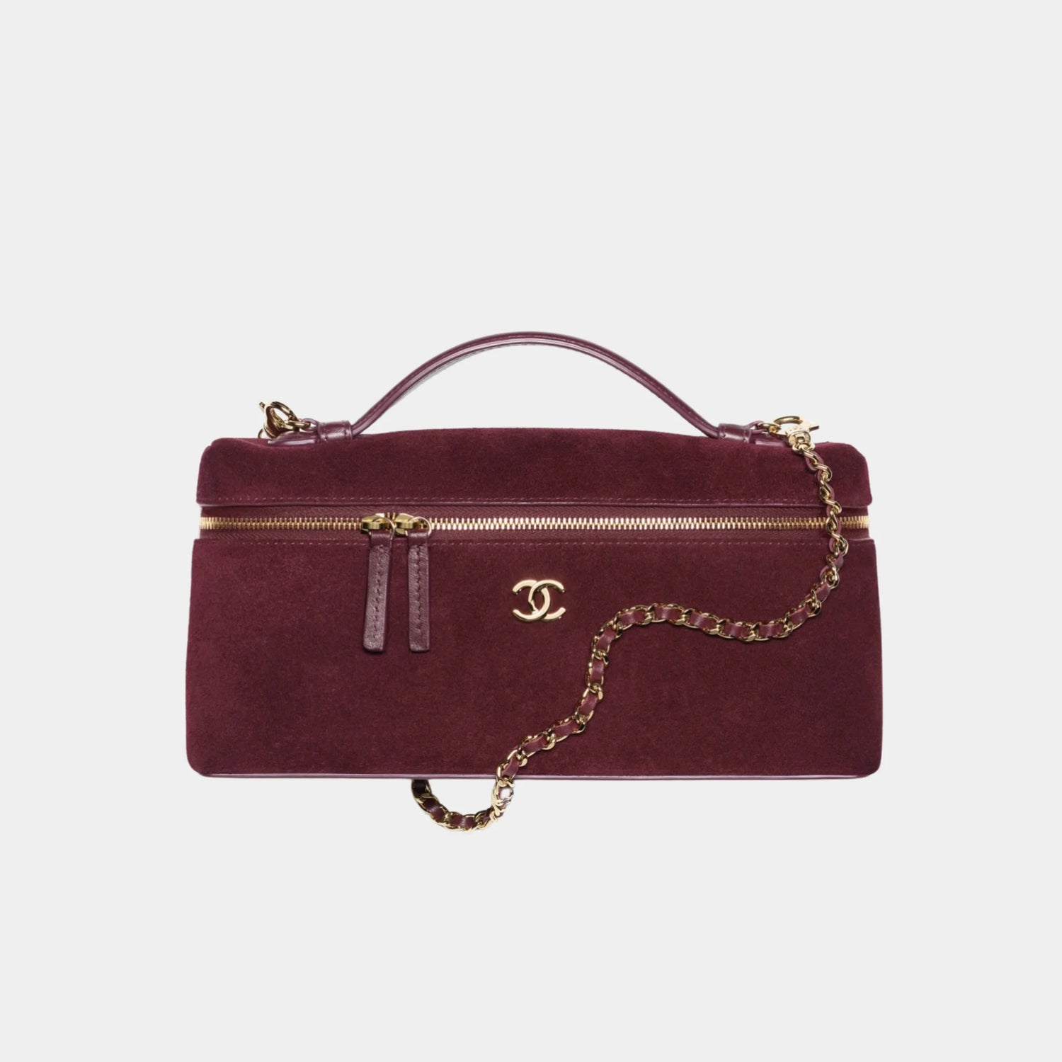 Chanel Vanity with Chain in Burgundy Suede Calfskin &amp; Gold Metal, Front