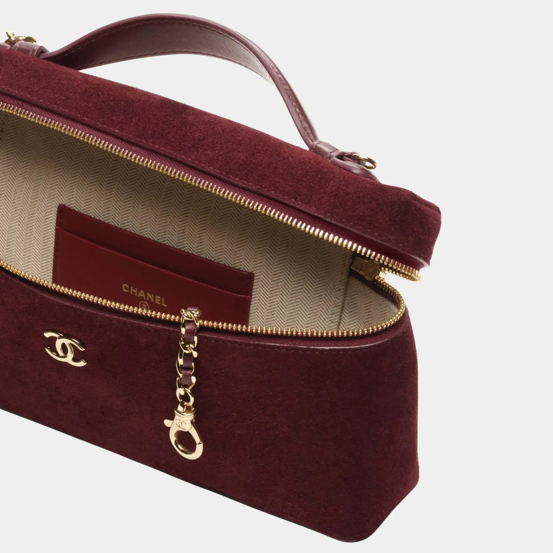 Chanel Vanity with Chain in Burgundy Suede Calfskin & Gold Metal, Top