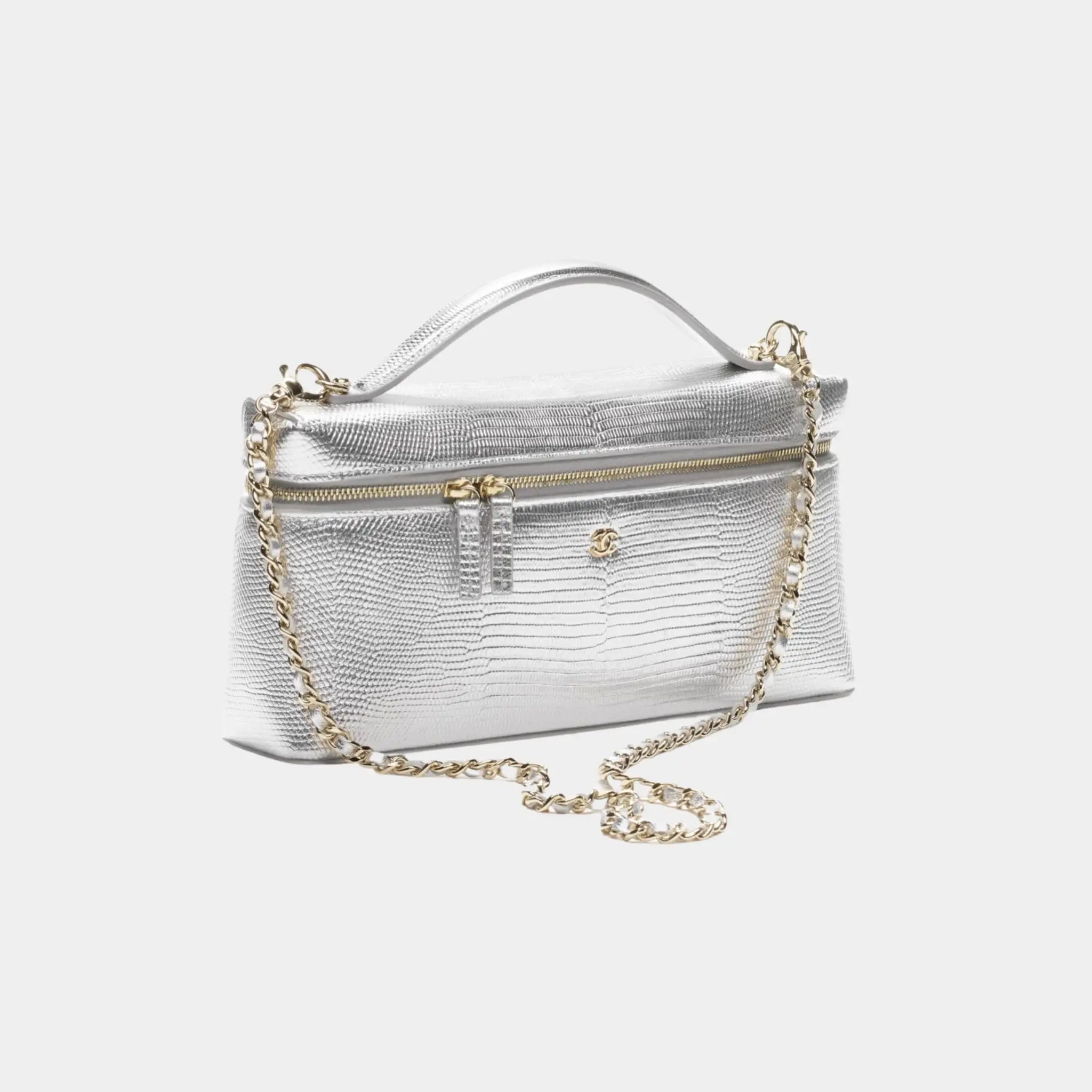 Chanel Vanity with Chain Lizard Embossed Calfskin &amp; Gold-Tone Metal, Silvery, Front Side