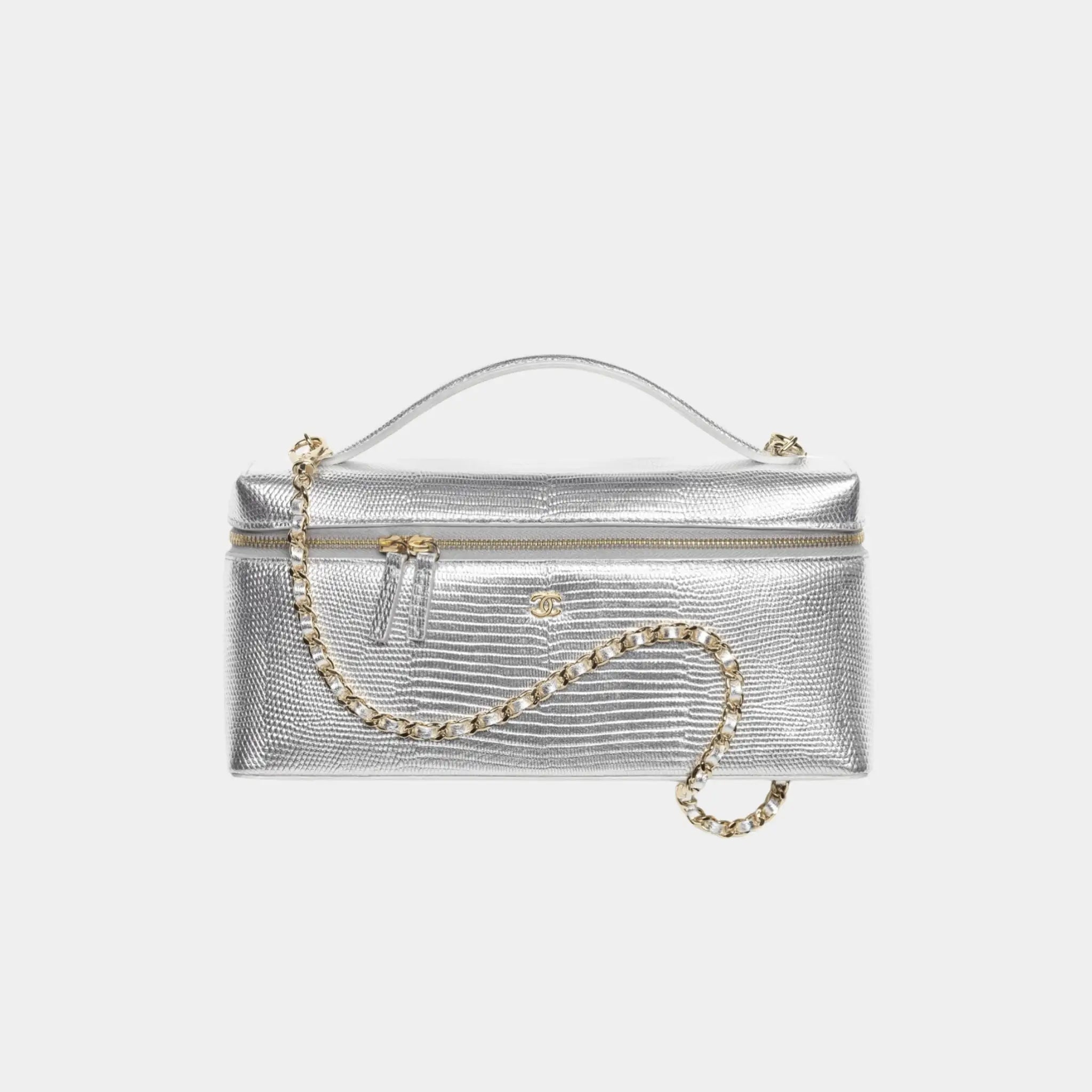 Chanel Vanity with Chain Lizard Embossed Calfskin &amp; Gold-Tone Metal, Silvery, Front