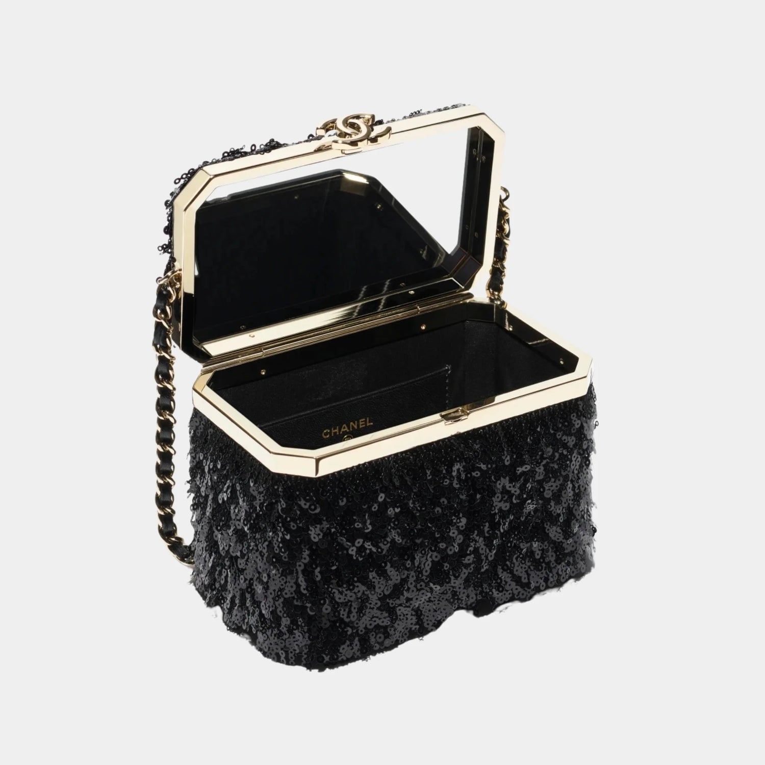 Chanel Vanity with Chain Sequins &amp; Gold Tone Metal, Black, Top