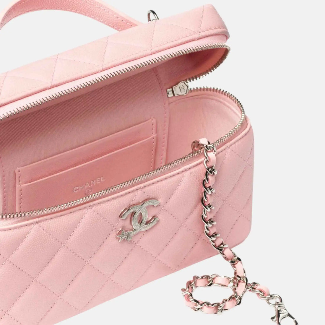 Chanel Vanity With Chain Shiny Grained Calfskin Light Pink, Inside