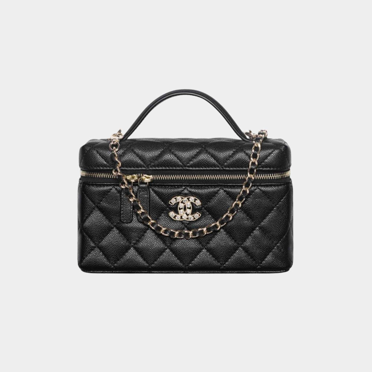 Vanity with Chain in Shiny Grained Calfskin and Strass