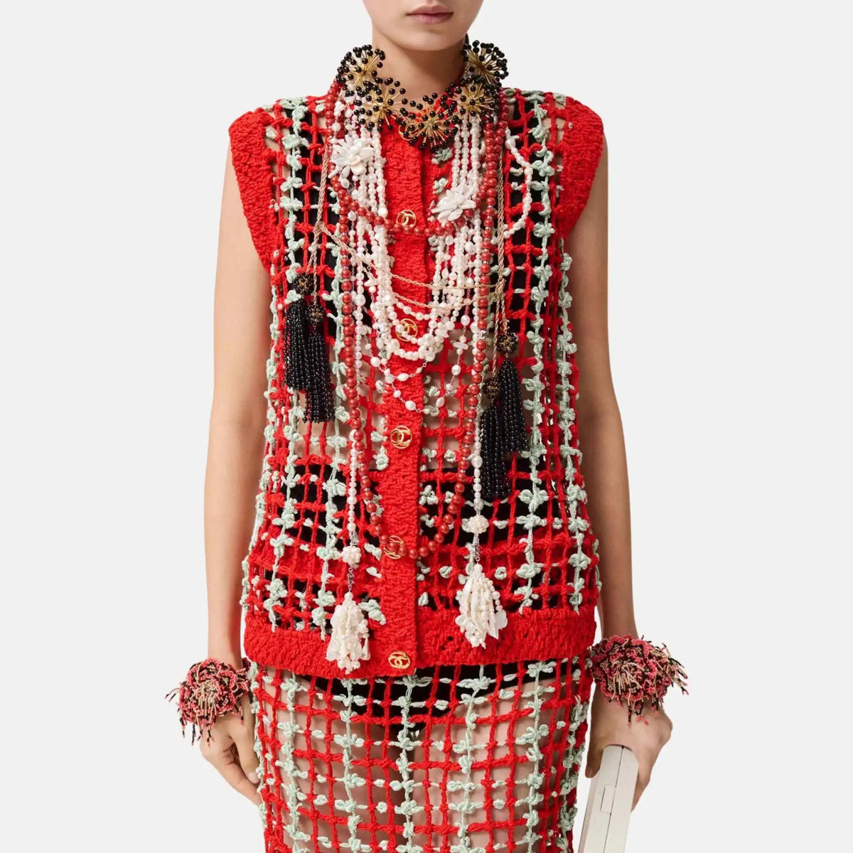 Vest Silk Mixed Fibers Red Aqua Green