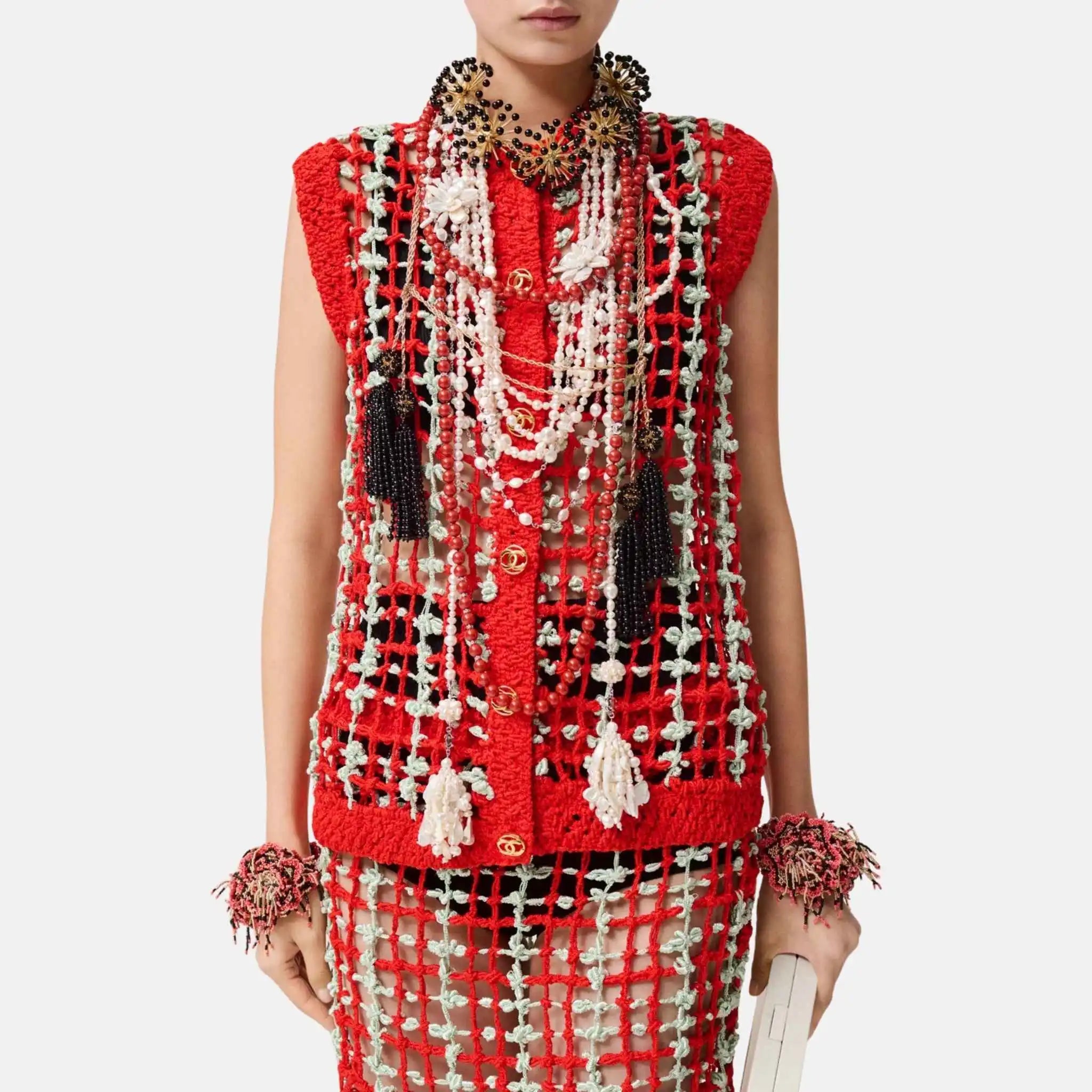 Chanel Vest Silk Mixed Fibers Red Aqua Green, Front