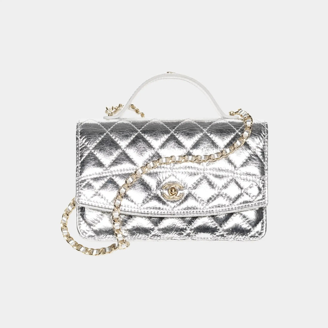 Chanel Wallet on Chain in Silvery Metallic Calfskin & Gold Metal, Front