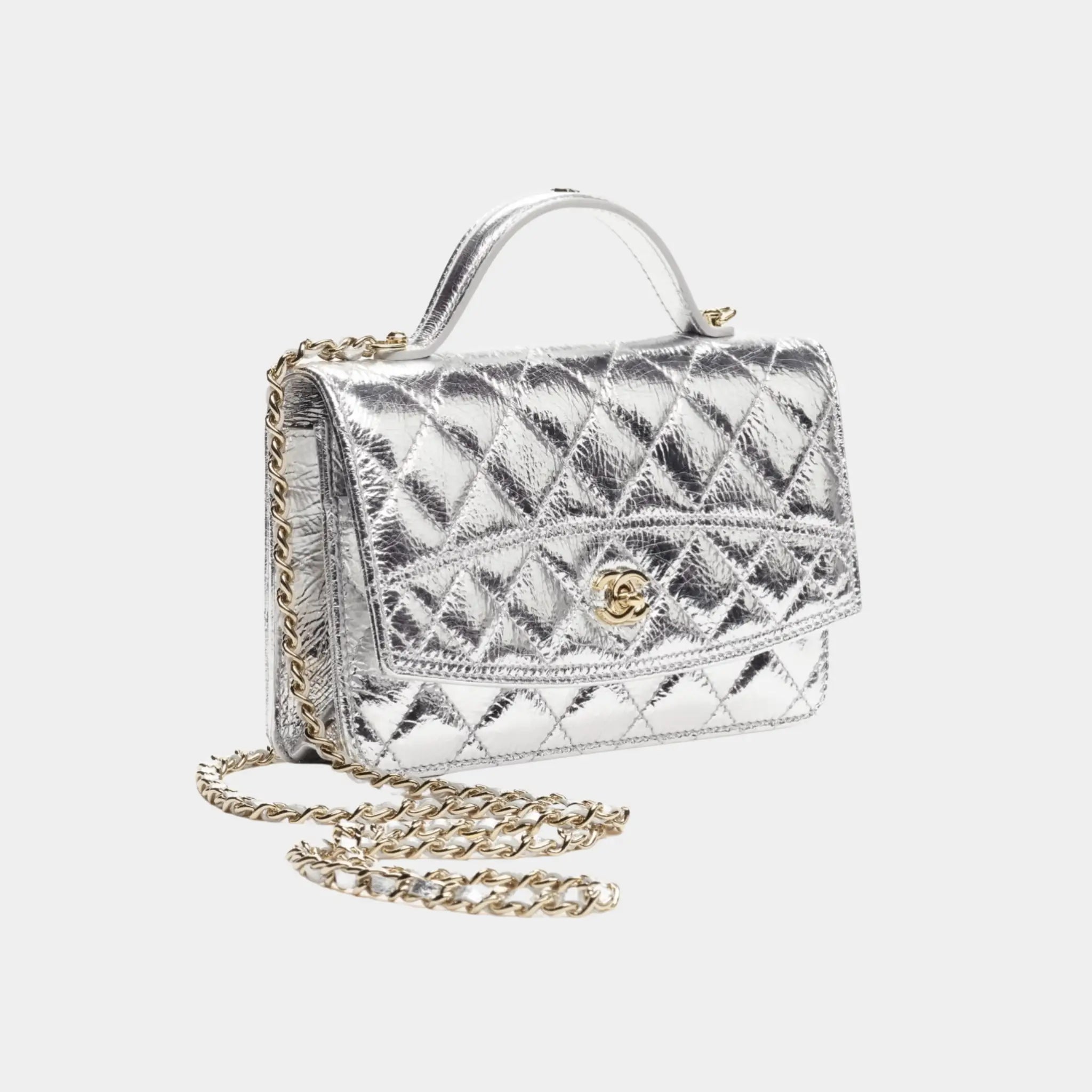 Chanel Wallet on Chain in Silvery Metallic Calfskin &amp; Gold Metal, Side