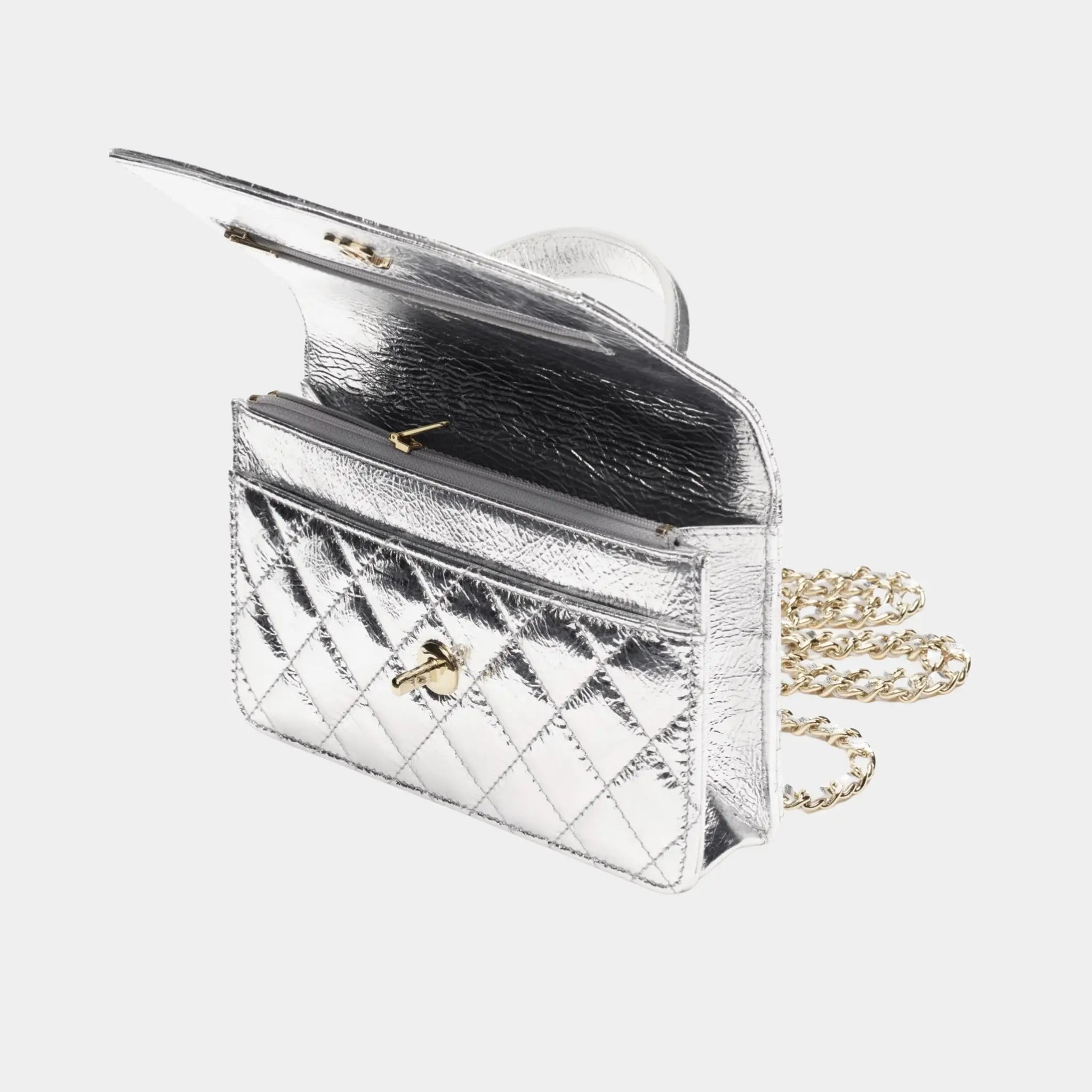 Chanel Wallet on Chain in Silvery Metallic Calfskin &amp; Gold Metal, Top