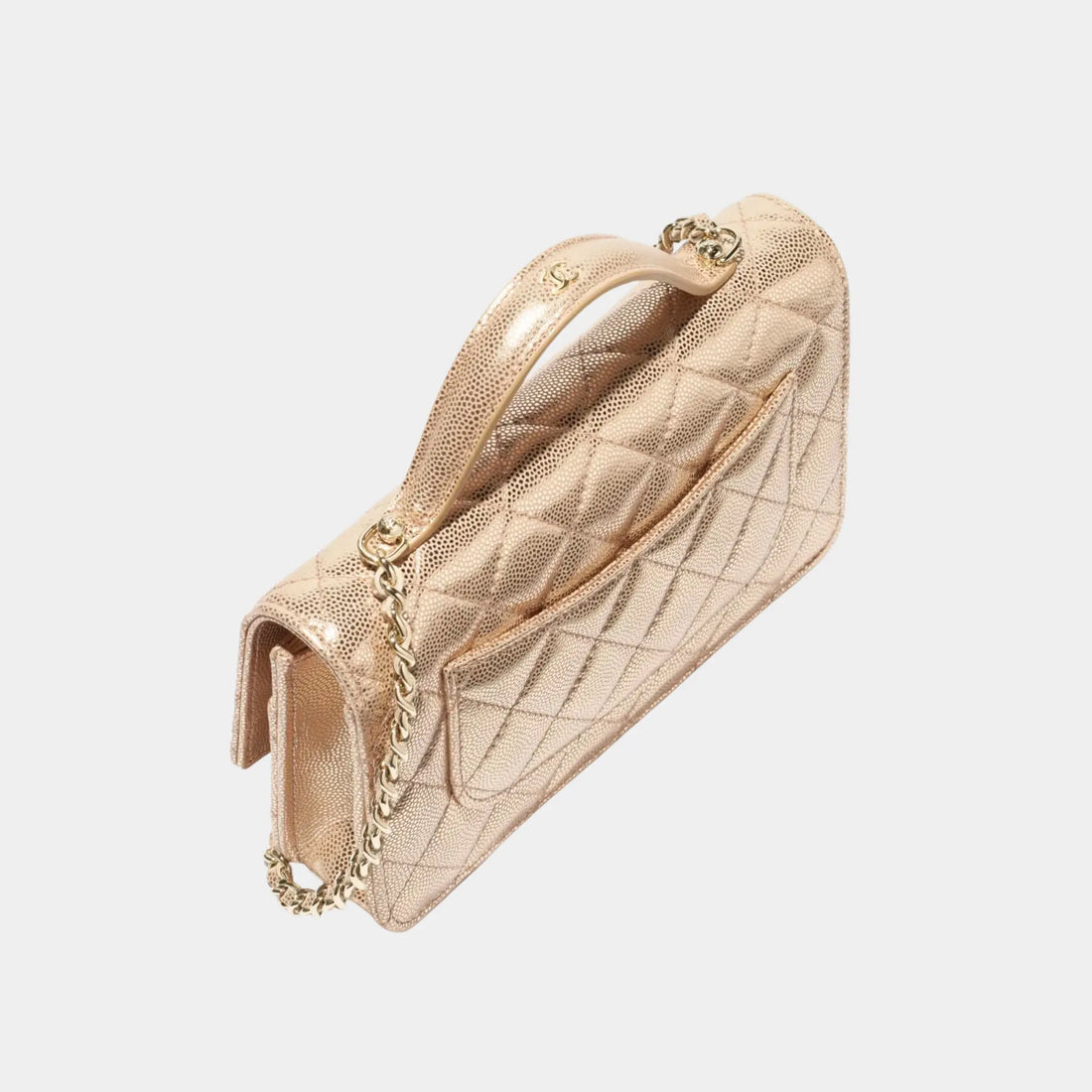 محفظة Chanel على سلسلة من جلد عجل محبّب معدني ومعدن ذهبي، نحاسي، من الخلف