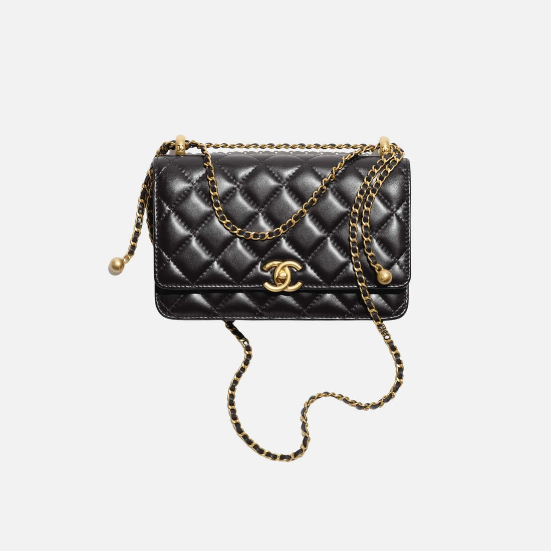 Chanel Wallet on Chain in Shiny Calfskin and Gold Tone Metal, Black, Front