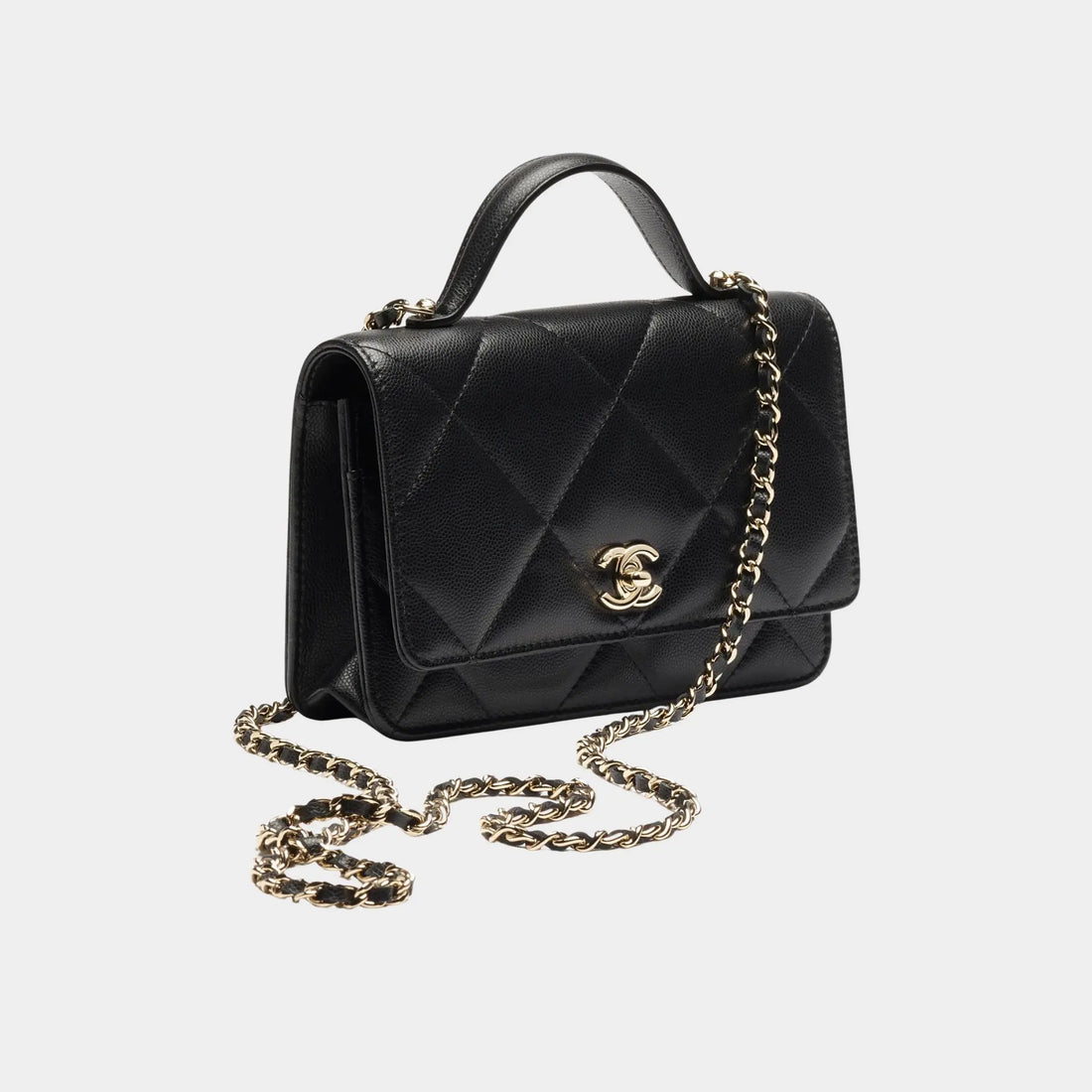 Chanel Wallet On Chain Shiny Grained Calfskin &amp; Gold Metal Black, Front