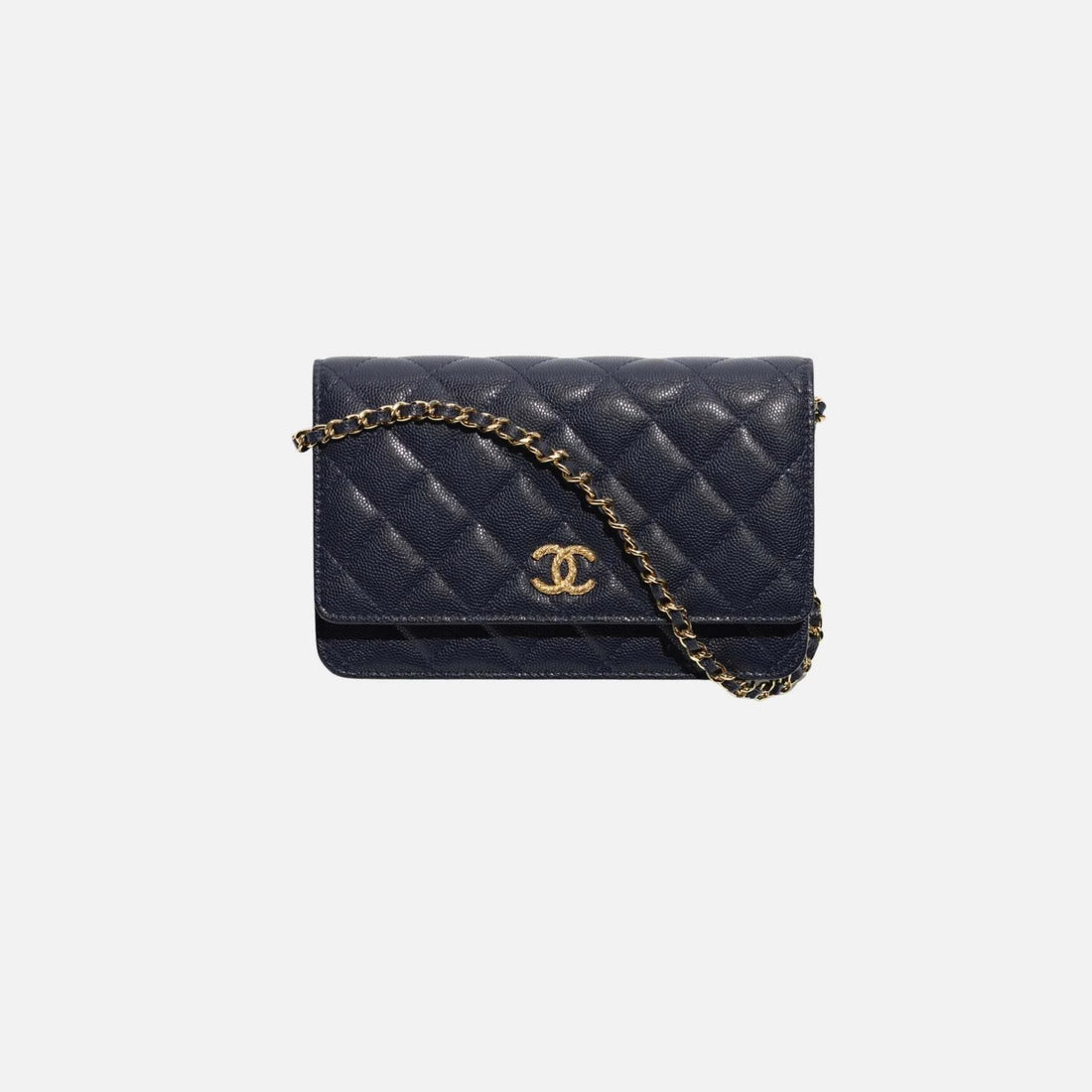Chanel Wallet on Chain in Shiny Grained Calfskin Strass and Gold Tone, Dark Blue, Front