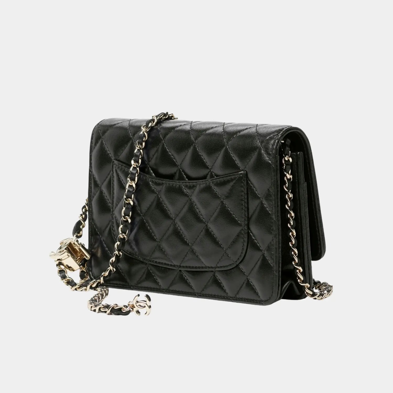 Chanel Wallet On Chain in Shiny Lambskin &amp; Gold-Tone Metal, Black, Back