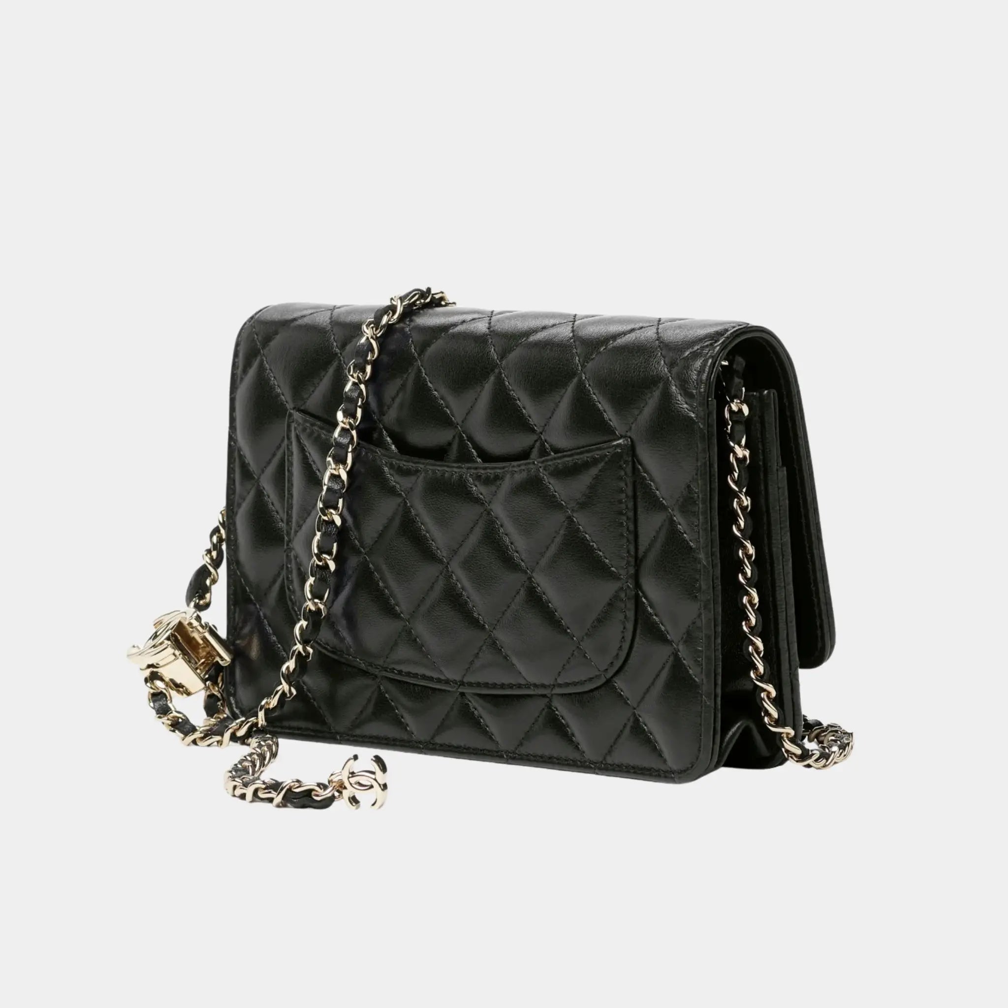 Chanel Wallet On Chain in Shiny Lambskin &amp; Gold-Tone Metal, Black, Back
