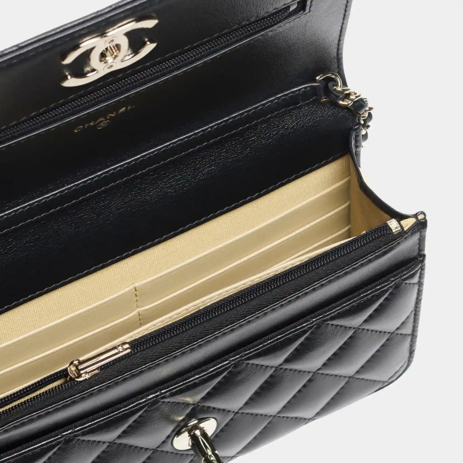 Chanel Wallet On Chain in Shiny Lambskin &amp; Gold-Tone Metal, Black, Top