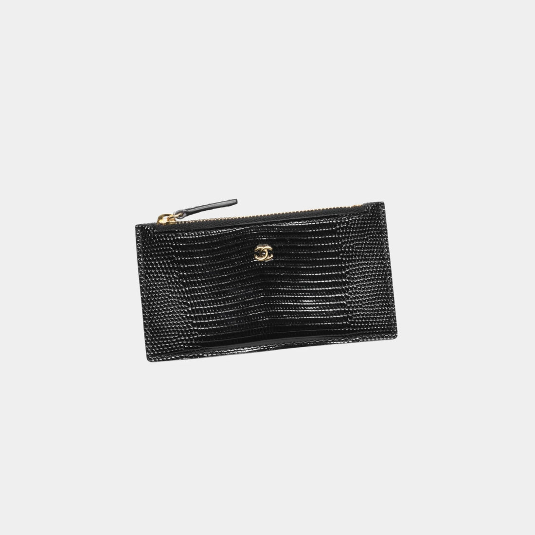 Chanel Zipped Card Holder in Black Lizard Embossed Calfskin, Front