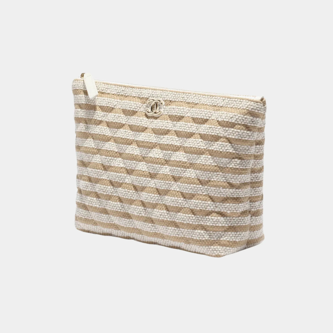 Chanel Zipped Case in Printed Fabric &amp; Gold Metal, Light Beige, Front
