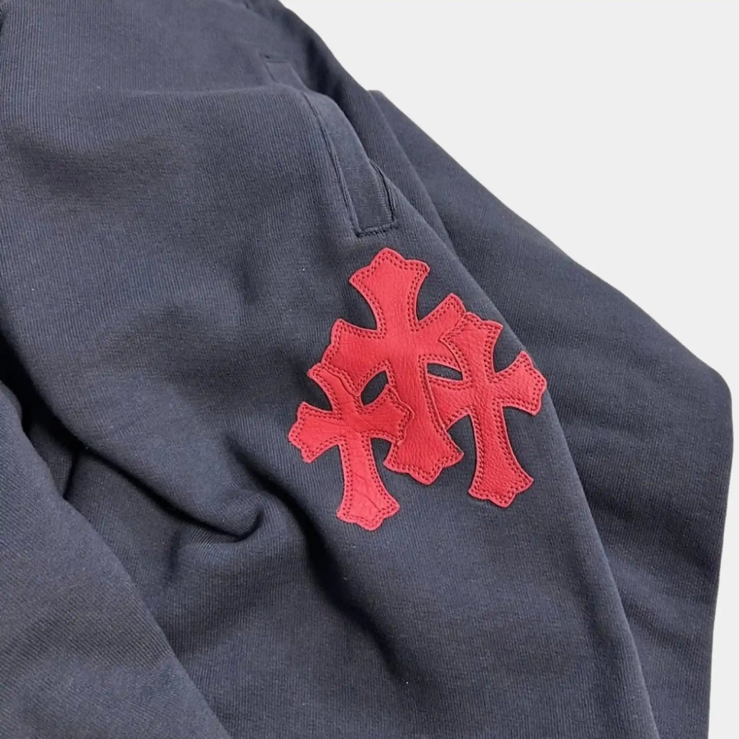 Chrome Hearts Triple Cross Logo Sweatpants, Navy Red, Logo Close