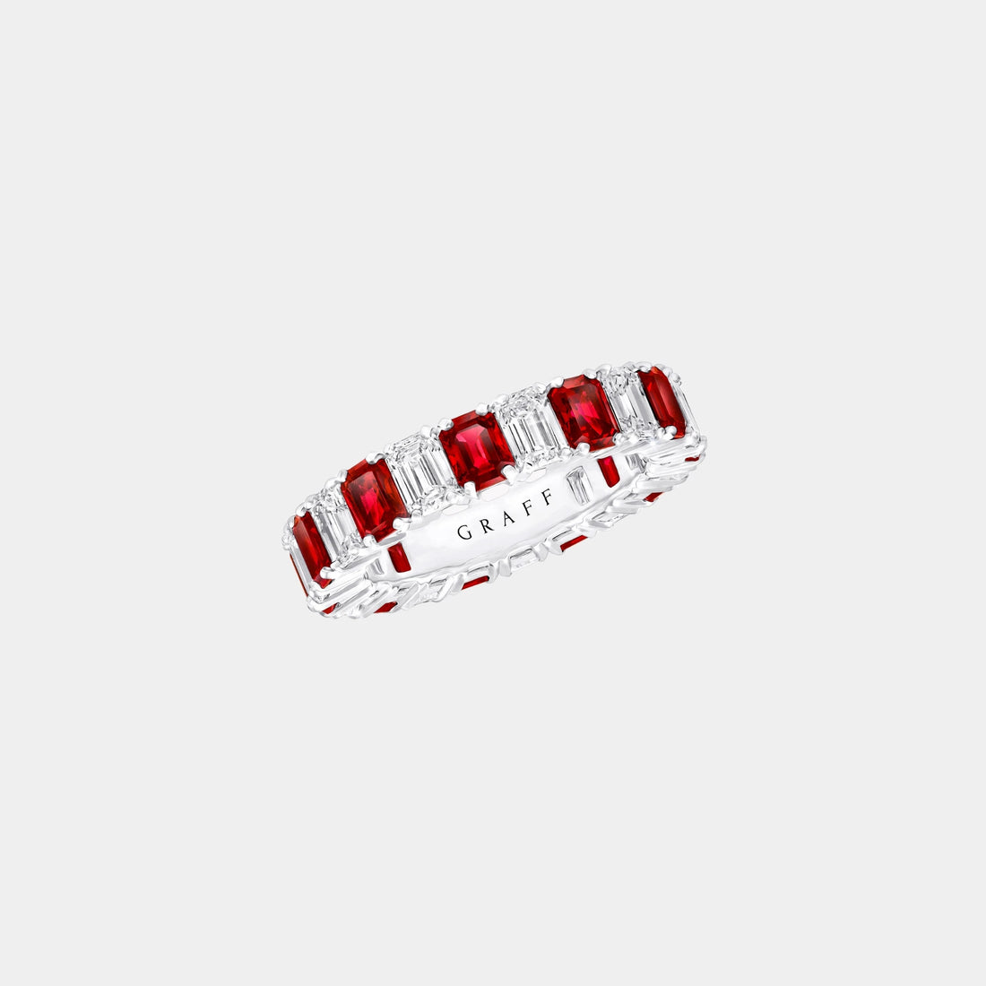 Classic Graff Emerald Cut Ruby and Diamond Wedding Band, Front