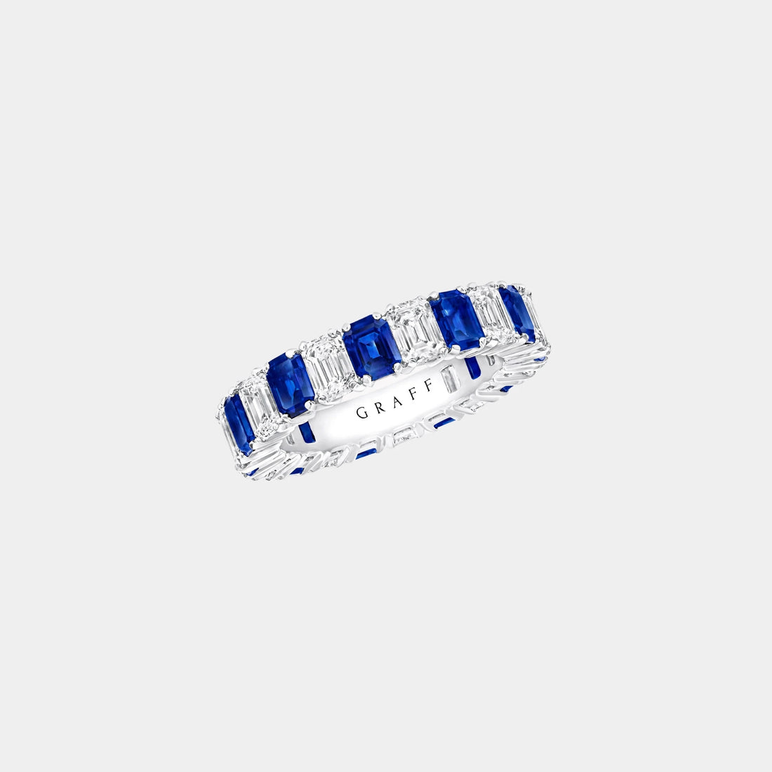 Classic Graff Emerald Cut Sapphire and Diamond Wedding Band, Front